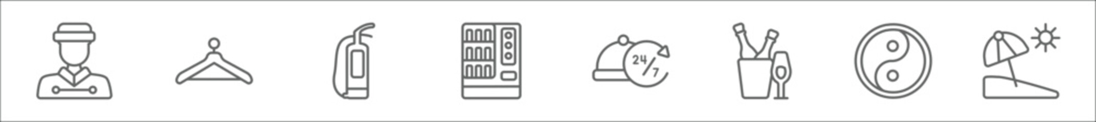 outline set of accommodation line icons. linear vector icons such as bellboy, hanger, fire extinguisher, vending hine, 24 service, champagne, yin yang, beach umbrella