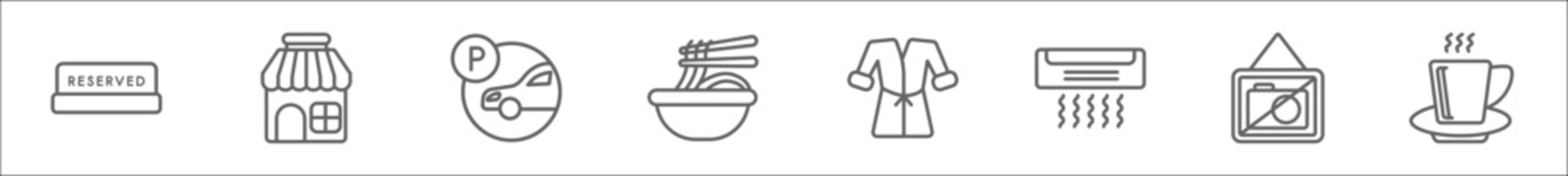 Naklejka premium outline set of hotel line icons. linear vector icons such as reserved, barbershop, parking, ramen, bathrobe, air conditioner, no pictures, coffee