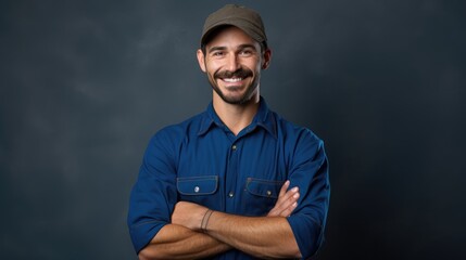 Smiling portrait of confident handsome male plumber, master in uniform