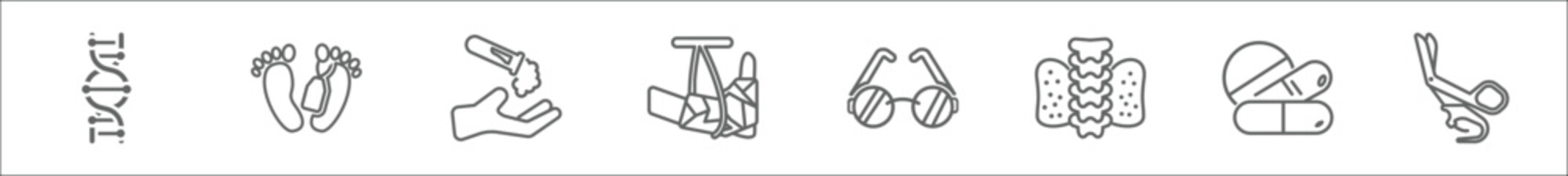 outline set of medical line icons. linear vector icons such as medical chain of dna, dead, acid falling on hand, broken feet with bandage, medical circular glasses, thyroid gland, cure, opened