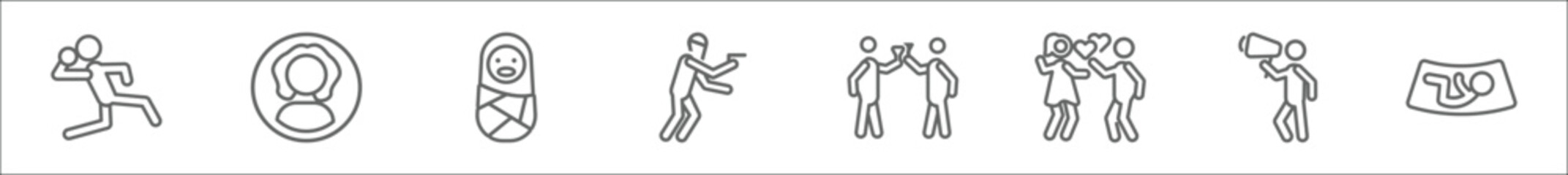 outline set of people line icons. linear vector icons such as shot put, woman profile, baby wrapped on swaddling clothes, criminal heist, two men with cocktail glasses, two hearts, movie director, - obrazy, fototapety, plakaty