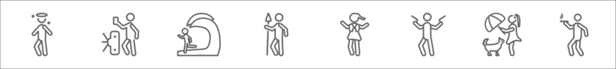 outline set of people line icons. linear vector icons such as boy angel head, validating ticket, waves danger, lance, scholar girl front, gangsters, woman covering, man walking and smoking