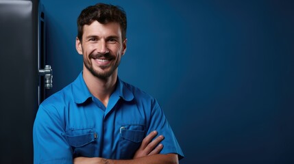 Smiling portrait of confident handsome male plumber, master in uniform