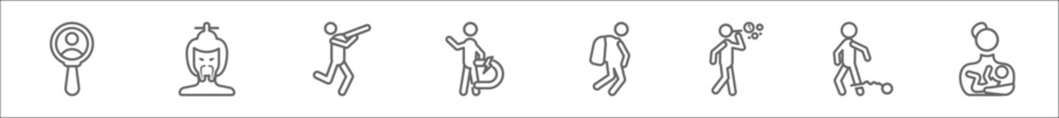 outline set of people line icons. linear vector icons such as male users, chinese man, dancing man, electromagnet, walking to school, man making soap bubbles, war prisioner, breastfeeding