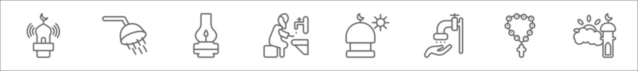 outline set of religion line icons. linear vector icons such as adhan call, shower head and water, old oil lamp, wudu, assr, islamic wudu, raya rosary, fajr dawn prayer