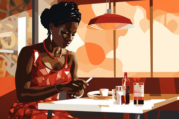 African American girl checks sugar level in restaurant - obrazy, fototapety, plakaty