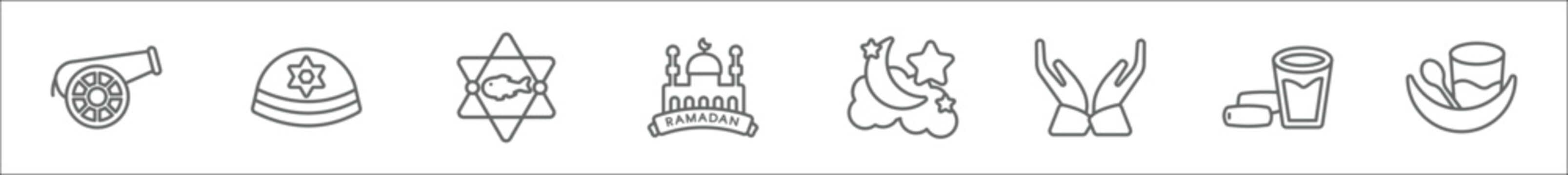 outline set of religion line icons. linear vector icons such as eyd gun, yarmulke, inclined fish, islamic ramadan, ramadan crescent moon, muslim praying hands, ramadan fasting, fasting