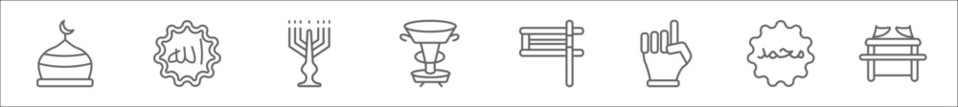 outline set of religion line icons. linear vector icons such as mosque domes, allah word, jewish candles, laver of washing, gragger, one god, muhammad word, ark of the convenant