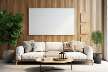 Scandinavian living room interior with a mockup poster frame on the wall