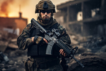 Soldier in tactical uniform in battle field