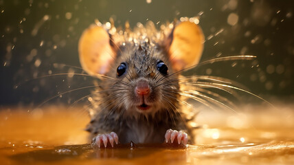 a cheerful little mouse is bathing in a puddle of splashing water. - obrazy, fototapety, plakaty