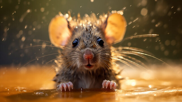 a cheerful little mouse is bathing in a puddle of splashing water.