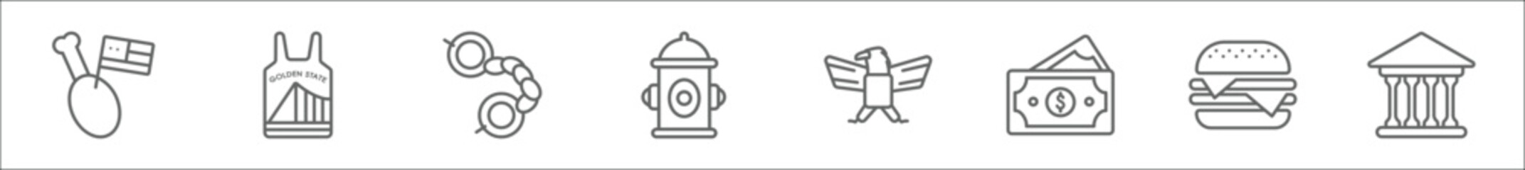 outline set of united states of america line icons. linear vector icons such as turkey leg, golden state, slavery in the united states, fire hydrant, eagle, usa, burger, government