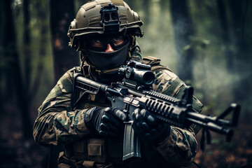 Soldier in tactical uniform in battle field