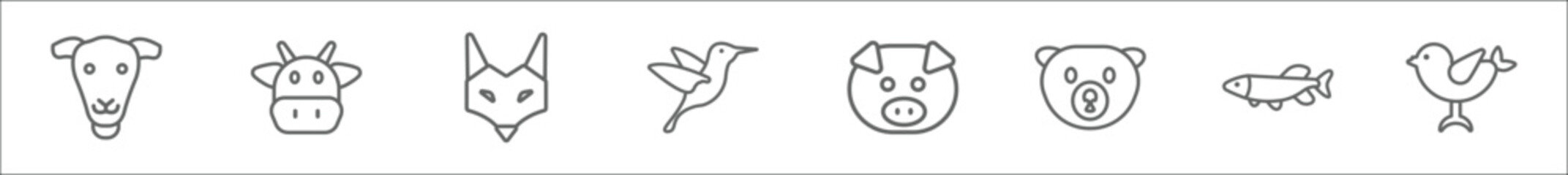 outline set of animals line icons. linear vector icons such as female sheep, cow, fox, colibri, pig, mink, pike, sparrow - obrazy, fototapety, plakaty