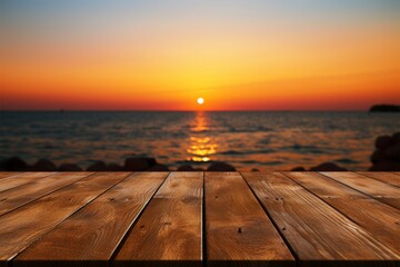 Fototapeta na wymiar Seaside serenity An empty table with a stunning, blurred sea sunset