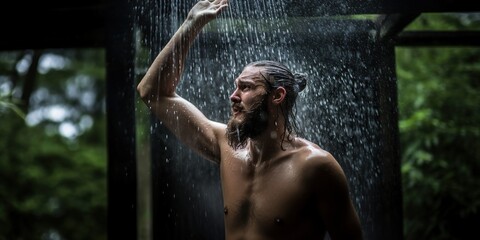Man taking a cold shower outdoors, concept of Water therapy - obrazy, fototapety, plakaty