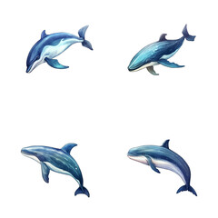 set of happy cute whale watercolor illustrations for printing on baby clothes, pattern, sticker, postcards, print, fabric, and books