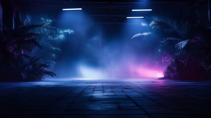 Night fantasy street landscape, wet asphalt, tropical leaves, smoke, smog, fog. Generation AI