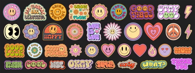 Fotobehang Cool Groovy Stickers Pack Vector Design. Pop Art Smile Patches. Trendy Y2K Emoji Elements. Comic Emoticons. © t1m0n344