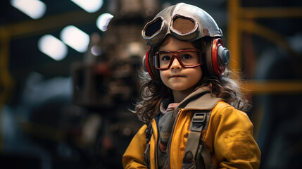 A little girl pretending to be a mechanic. The concept of children in adulthood. - obrazy, fototapety, plakaty