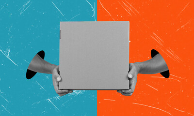 A contemporary artistic collage depicting hands holding a package.