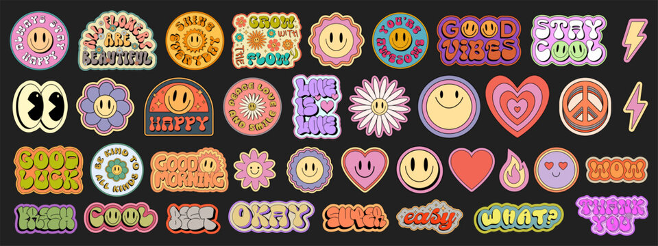 Cool Groovy Stickers Pack Vector Design. Pop Art Smile Patches. Trendy Y2K Emoji Elements. Comic Emoticons.