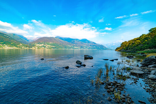 A view of Lake Como from Piona, towards the north, the mountains, the panorama.
