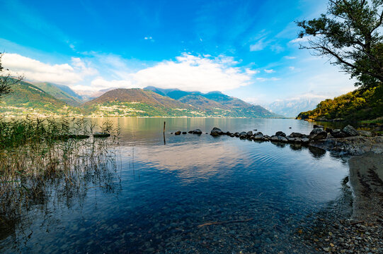 A view of Lake Como from Piona, towards the north, the mountains, the panorama.
