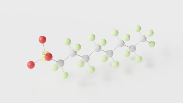 perfluorooctanesulfonic acid molecule 3d, molecular structure, ball and stick model, structural chemical formula pfos