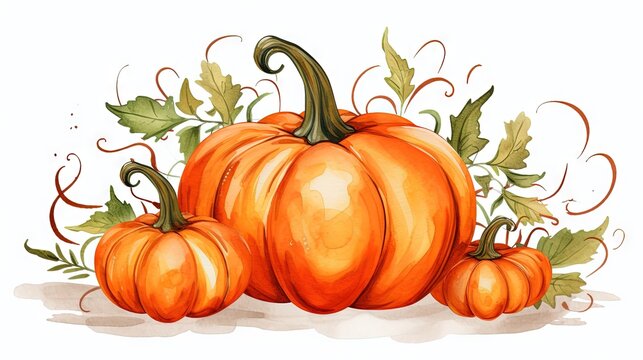  a watercolor painting of three pumpkins on a white background.  generative ai