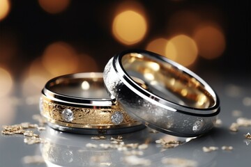 Silver and gold wedding rings sparkle on a glittery backdrop - obrazy, fototapety, plakaty