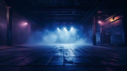Night dark empty street, smoke, smog, fog, neon light, spotlights. Generation AI