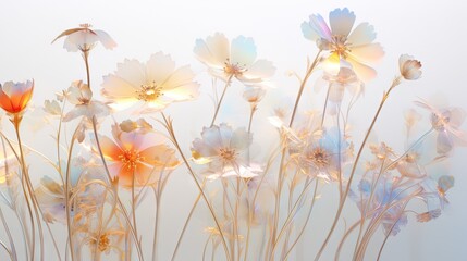  a bunch of flowers that are on a white surface with light coming through them.  generative ai