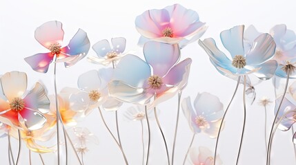  a bunch of flowers that are on a white surface with a sky background. generative ai