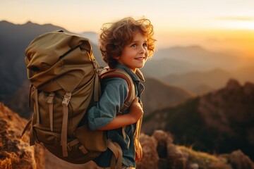 Fototapeta premium Adorable little boy with backpack hiking in mountains at sunset. Travel and active lifestyle concept