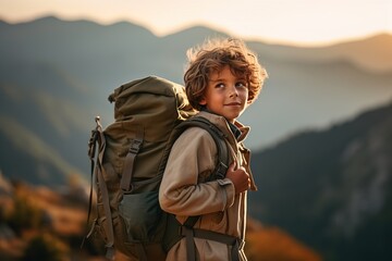Naklejka premium Adorable little boy with backpack hiking in mountains at sunset. Travel and active lifestyle concept