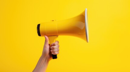 Hand holds a megaphone on a yellow background. Concept of hiring, advertising