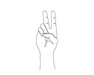Continuous one line drawing of hand gesture . Human hand with two raised up sign fingers, symbol of luck and piece outline vector illustration. Editable stroke. 	