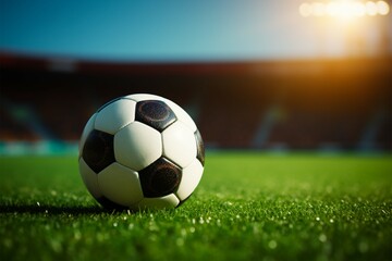 Sporting scene Soccer ball on the field, with stadium background - obrazy, fototapety, plakaty