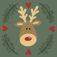 Christmas reindeer surrounded with fir tree twigs and hearts. Xmas image on a sage coloured background drawn in a simplistic modern cartoon style. © Rustic Puffin