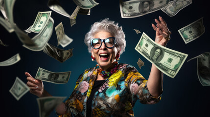 Senior woman stands under money fly rain. - obrazy, fototapety, plakaty