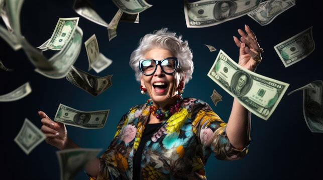 Senior woman stands under money fly rain. © MP Studio