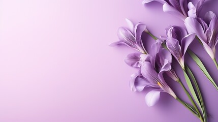 a bunch of purple flowers on a purple background with space for text. generative ai