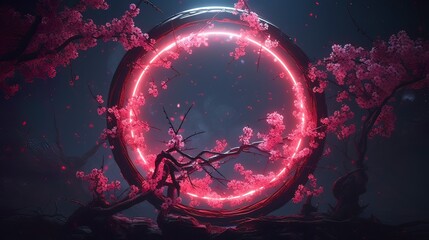 Fantasy landscape, pink neon circle, sakura branches. Generation AI - obrazy, fototapety, plakaty