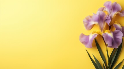  a bunch of purple flowers on a yellow background with a green stem. generative ai