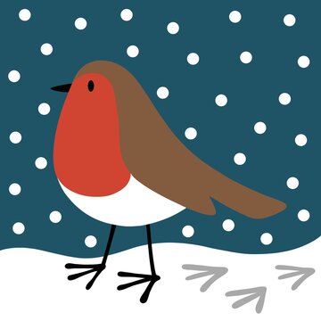 Robin in the snow. A cute Christmas image on a cold day. The bird is leaving tiny footprints in the snow. Xmas fun.