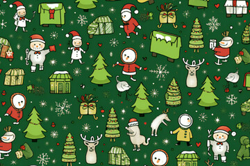 The cute Christmas pattern on a green background is ideal for gift wrapping paper, backgrounds, and other high-quality prints.AI generated
