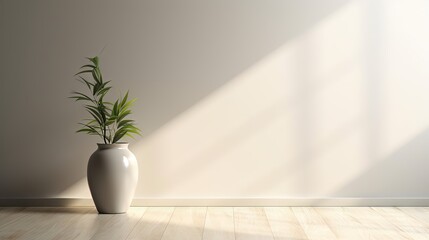 Fototapeta na wymiar a white vase with a plant in it on a wooden floor. generative ai
