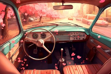 Illustration of vintage car interior adorned with vibrant blossoms and steering wheel. Generative AI - obrazy, fototapety, plakaty
